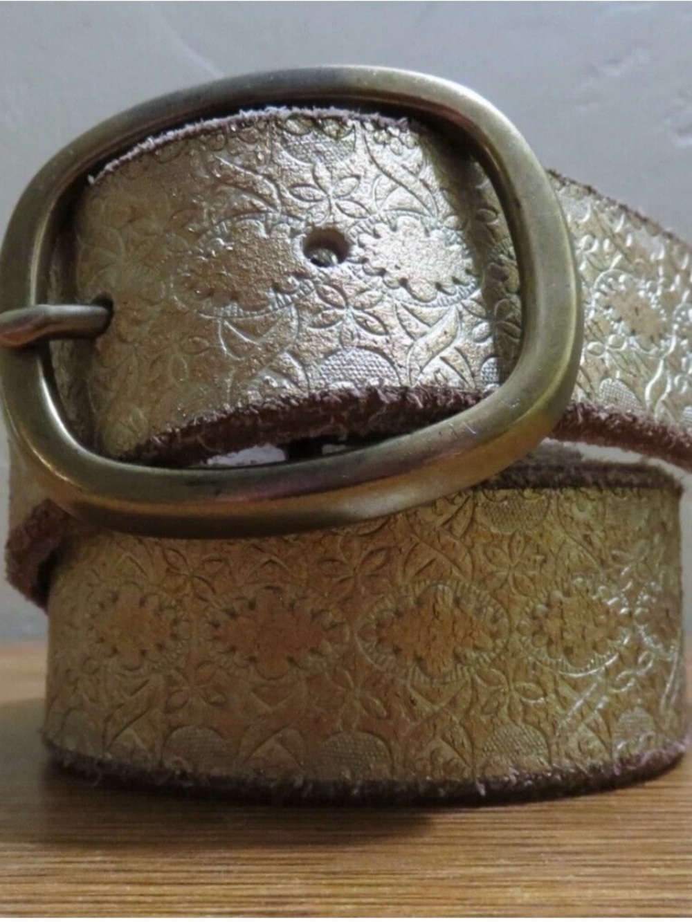 Women's Gold Embossed Floral Leather Belt with Antique Buckle